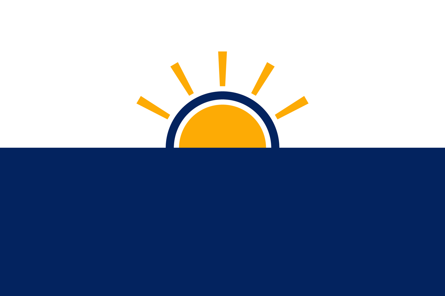The flag of Aarunya Swaraj Party: a white upper half and deep blue lower half divided by a straight horizon, with a golden sun rising at the centre inside a thin blue arch, golden rays breaking upward into the white field